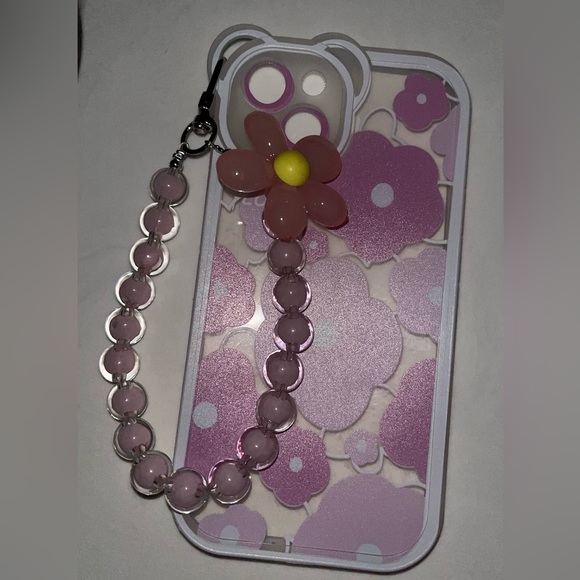 iPhone 13 transparent pink flower prints w/ cute wristlet charm phone case - Picture 3 of 4